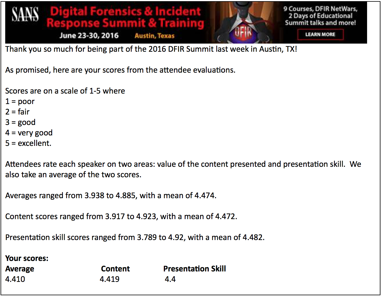 SANS DFIR Austin 2016 Speaker Score
